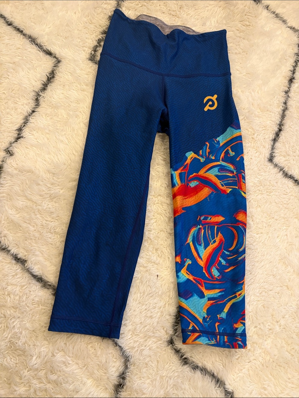 Peloton 3/4 Blue Leggings with Multicolor Swirl Side Print